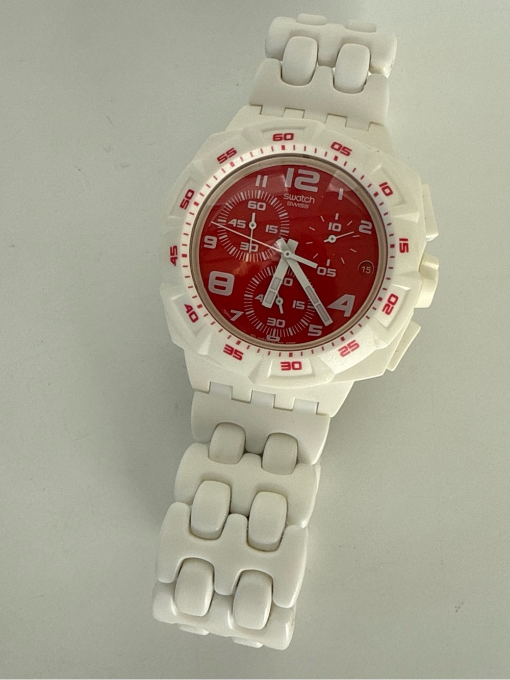 Swatch Unisex Quartz Watch Chronograph “Red Purity” SUIW406 New Battery READ